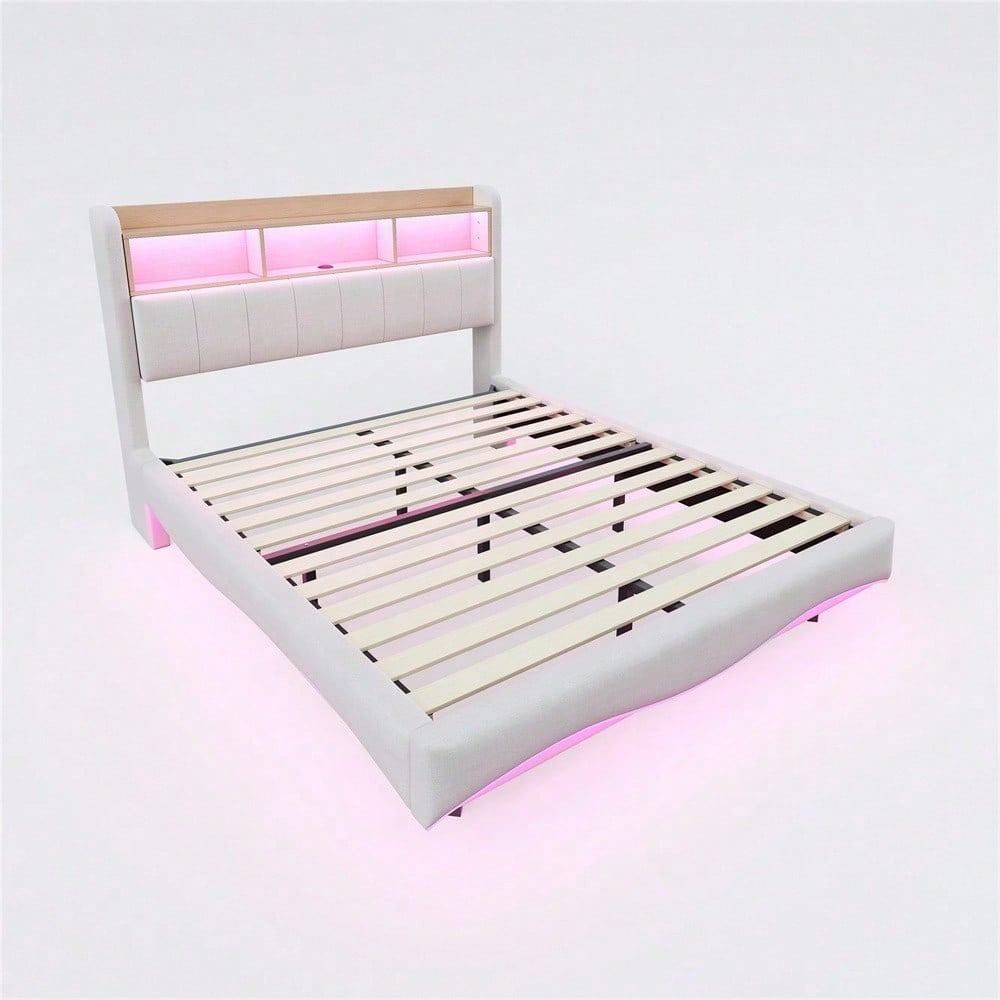 Abgehängtes Design Polsterbett 140*200 aus Leinenstoff, multifunktionales Stauraumbett mit LED-Licht, USB- und TYPE-C-Schnittstelle Beige