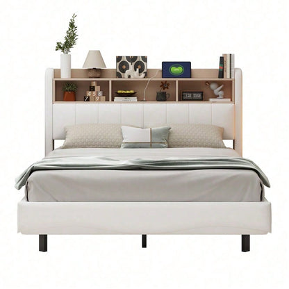 Abgehängtes Design Polsterbett 140*200 aus Leinenstoff, multifunktionales Stauraumbett mit LED-Licht, USB- und TYPE-C-Schnittstelle Beige