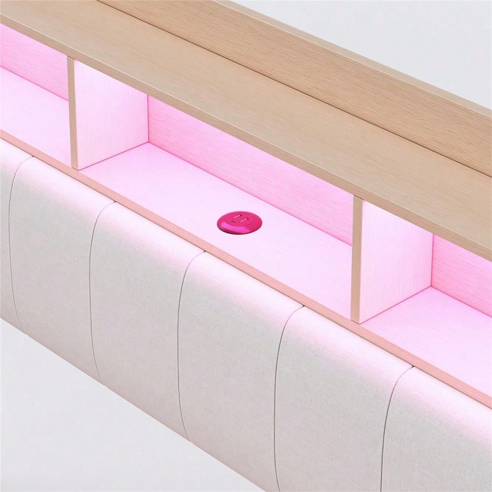 Abgehängtes Design Polsterbett 140*200 aus Leinenstoff, multifunktionales Stauraumbett mit LED-Licht, USB- und TYPE-C-Schnittstelle Beige