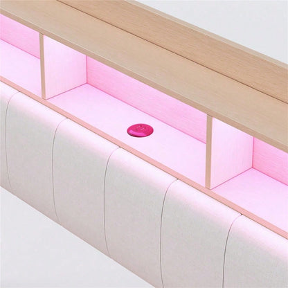 Abgehängtes Design Polsterbett 140*200 aus Leinenstoff, multifunktionales Stauraumbett mit LED-Licht, USB- und TYPE-C-Schnittstelle Beige