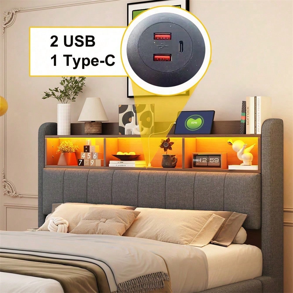 Abgehängtes Design Polsterbett 140*200 aus Leinenstoff, multifunktionales Stauraumbett mit LED-Licht, USB- und TYPE-C-Schnittstelle Beige