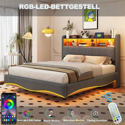 Abgehängtes Design Polsterbett 140*200 aus Leinenstoff, multifunktionales Stauraumbett mit LED-Licht, USB- und TYPE-C-Schnittstelle Beige