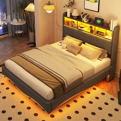 Abgehängtes Design Polsterbett 140*200 aus Leinenstoff, multifunktionales Stauraumbett mit LED-Licht, USB- und TYPE-C-Schnittstelle Beige
