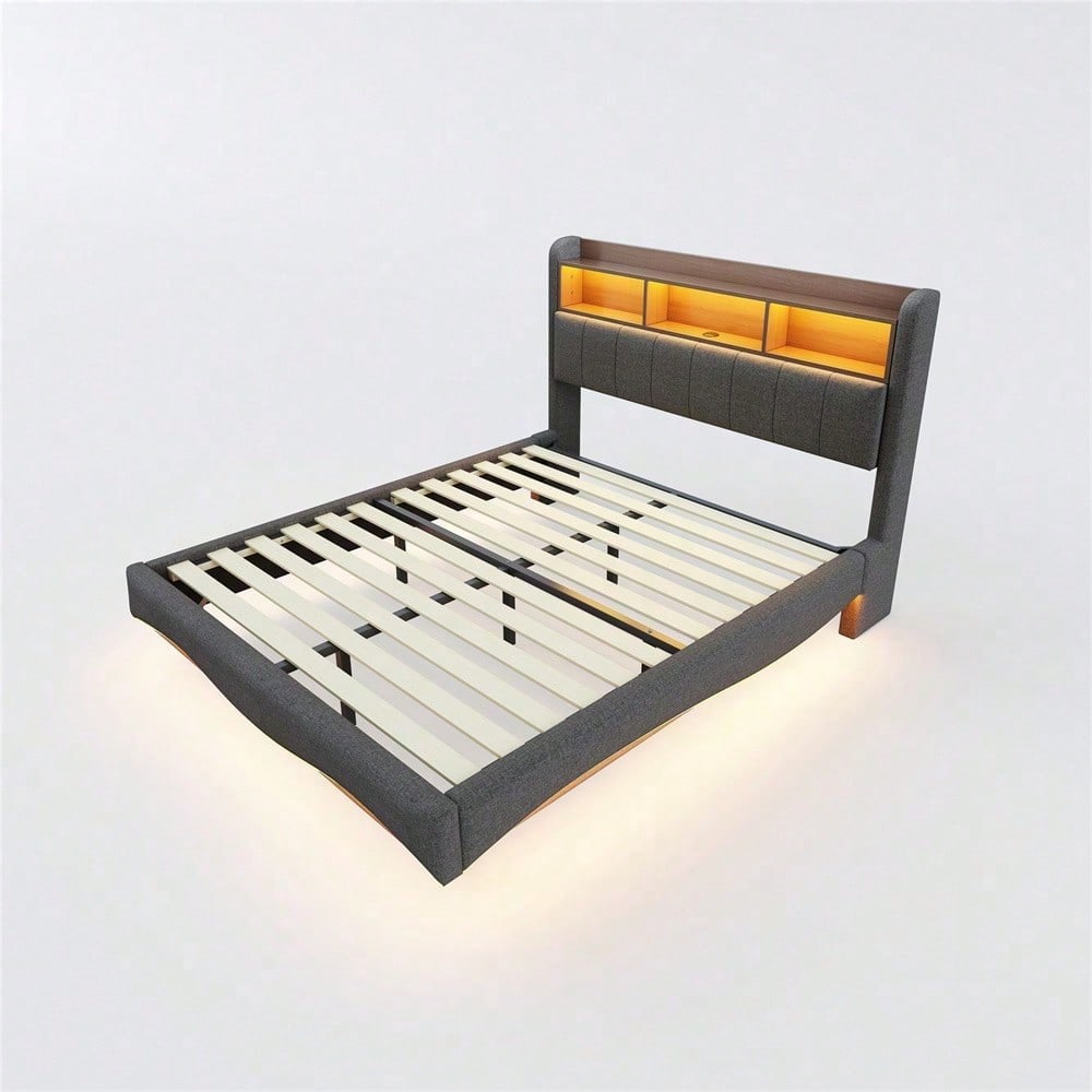 Abgehängtes Design Polsterbett 140*200 aus Leinenstoff, multifunktionales Stauraumbett mit LED-Licht, USB- und TYPE-C-Schnittstelle Beige
