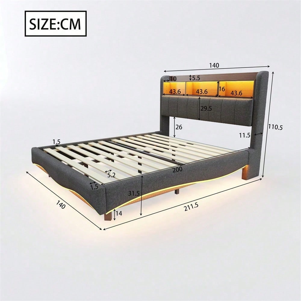 Abgehängtes Design Polsterbett 140*200 aus Leinenstoff, multifunktionales Stauraumbett mit LED-Licht, USB- und TYPE-C-Schnittstelle Beige