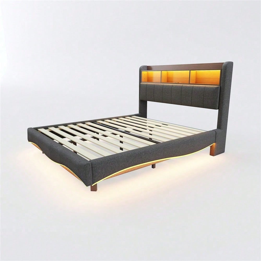 Abgehängtes Design Polsterbett 140*200 aus Leinenstoff, multifunktionales Stauraumbett mit LED-Licht, USB- und TYPE-C-Schnittstelle Beige