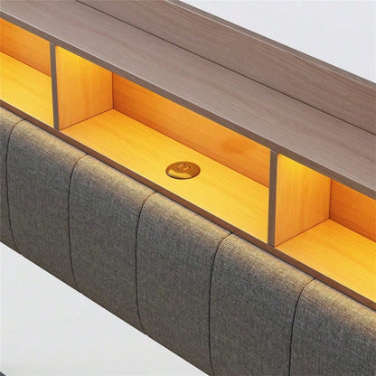 Abgehängtes Design Polsterbett 140*200 aus Leinenstoff, multifunktionales Stauraumbett mit LED-Licht, USB- und TYPE-C-Schnittstelle Beige