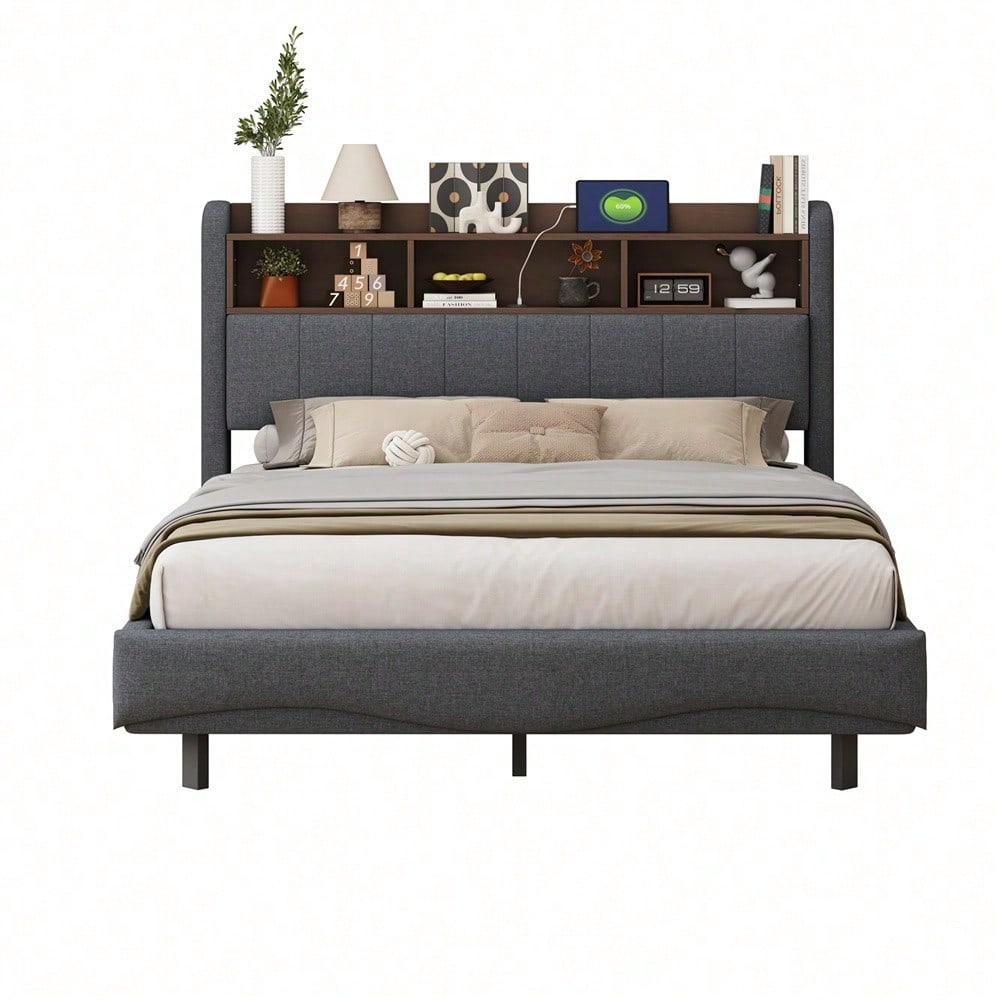 Abgehängtes Design Polsterbett 140*200 aus Leinenstoff, multifunktionales Stauraumbett mit LED-Licht, USB- und TYPE-C-Schnittstelle Beige