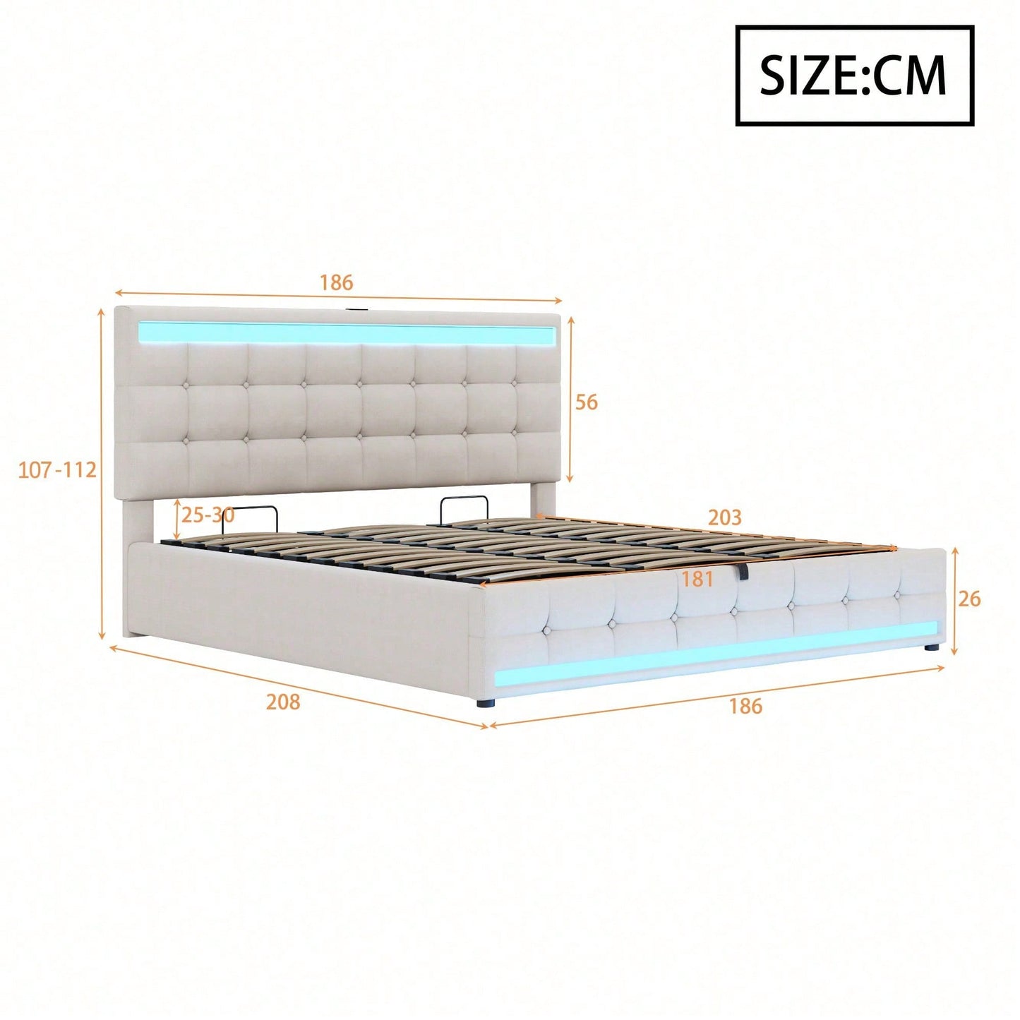 Polsterbett 180*200 Hydraulisches Stauraum-Kinderbett mit USB und farbwechselndem LED-Lichtstreifen,Grau Leinen-Einzelbett