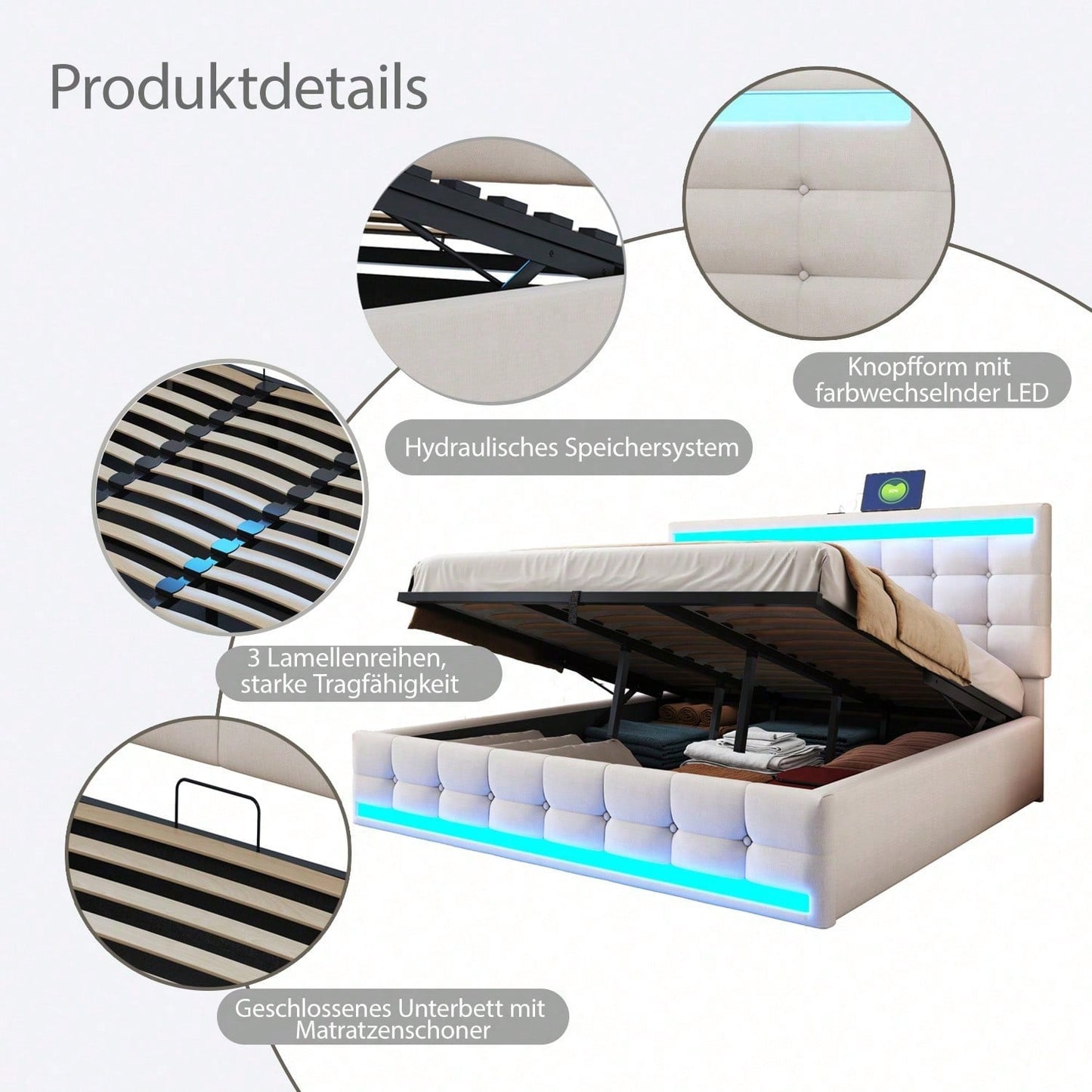 Polsterbett 180*200 Hydraulisches Stauraum-Kinderbett mit USB und farbwechselndem LED-Lichtstreifen,Grau Leinen-Einzelbett