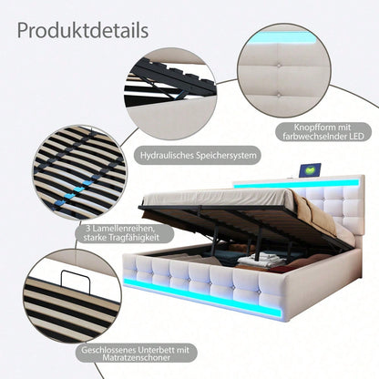 Polsterbett 180*200 Hydraulisches Stauraum-Kinderbett mit USB und farbwechselndem LED-Lichtstreifen,Grau Leinen-Einzelbett