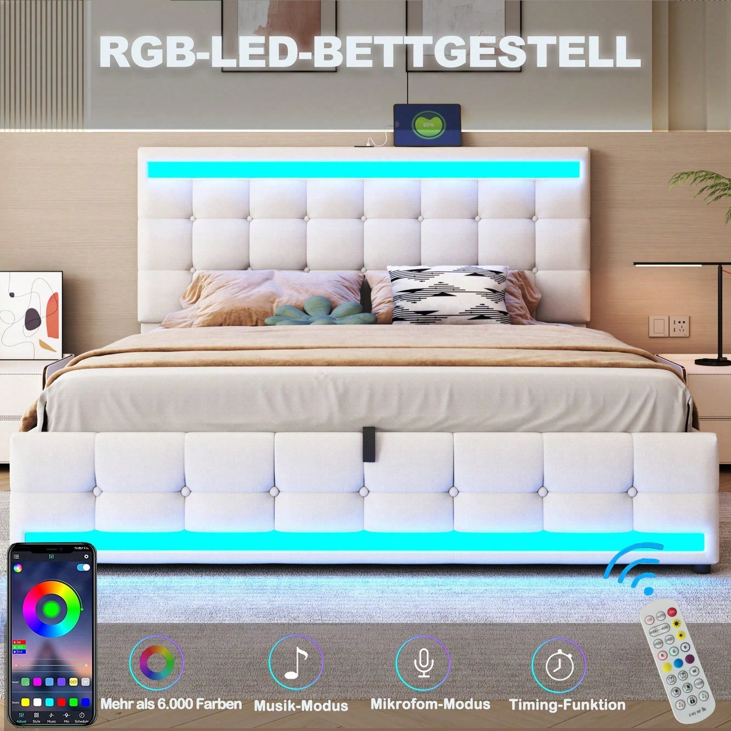 Polsterbett 180*200 Hydraulisches Stauraum-Kinderbett mit USB und farbwechselndem LED-Lichtstreifen,Grau Leinen-Einzelbett