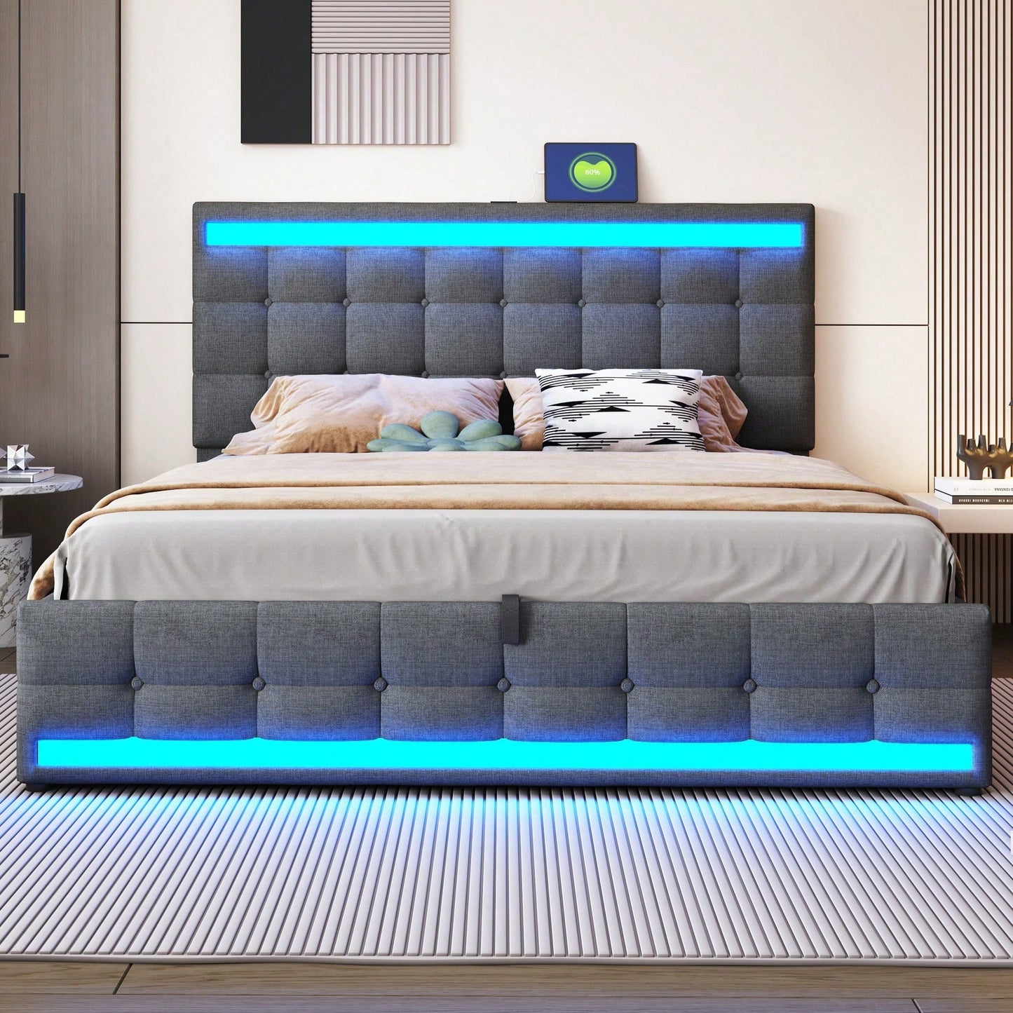 Polsterbett 180*200 Hydraulisches Stauraum-Kinderbett mit USB und farbwechselndem LED-Lichtstreifen,Grau Leinen-Einzelbett