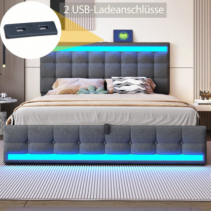 Polsterbett 180*200 Hydraulisches Stauraum-Kinderbett mit USB und farbwechselndem LED-Lichtstreifen,Grau Leinen-Einzelbett