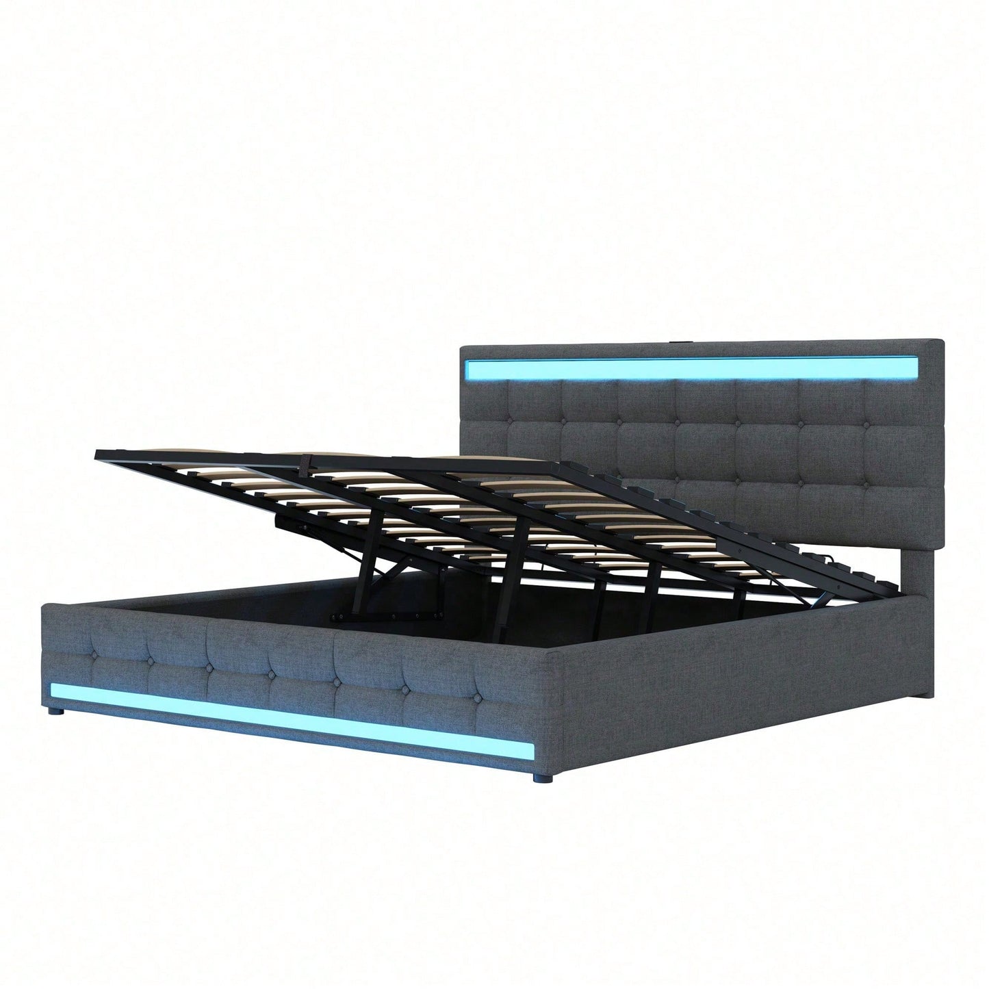 Polsterbett 180*200 Hydraulisches Stauraum-Kinderbett mit USB und farbwechselndem LED-Lichtstreifen,Grau Leinen-Einzelbett