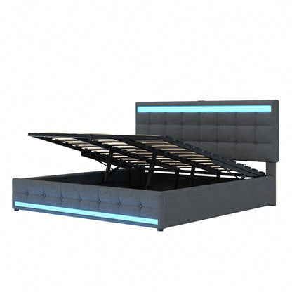 Polsterbett 180*200 Hydraulisches Stauraum-Kinderbett mit USB und farbwechselndem LED-Lichtstreifen,Grau Leinen-Einzelbett