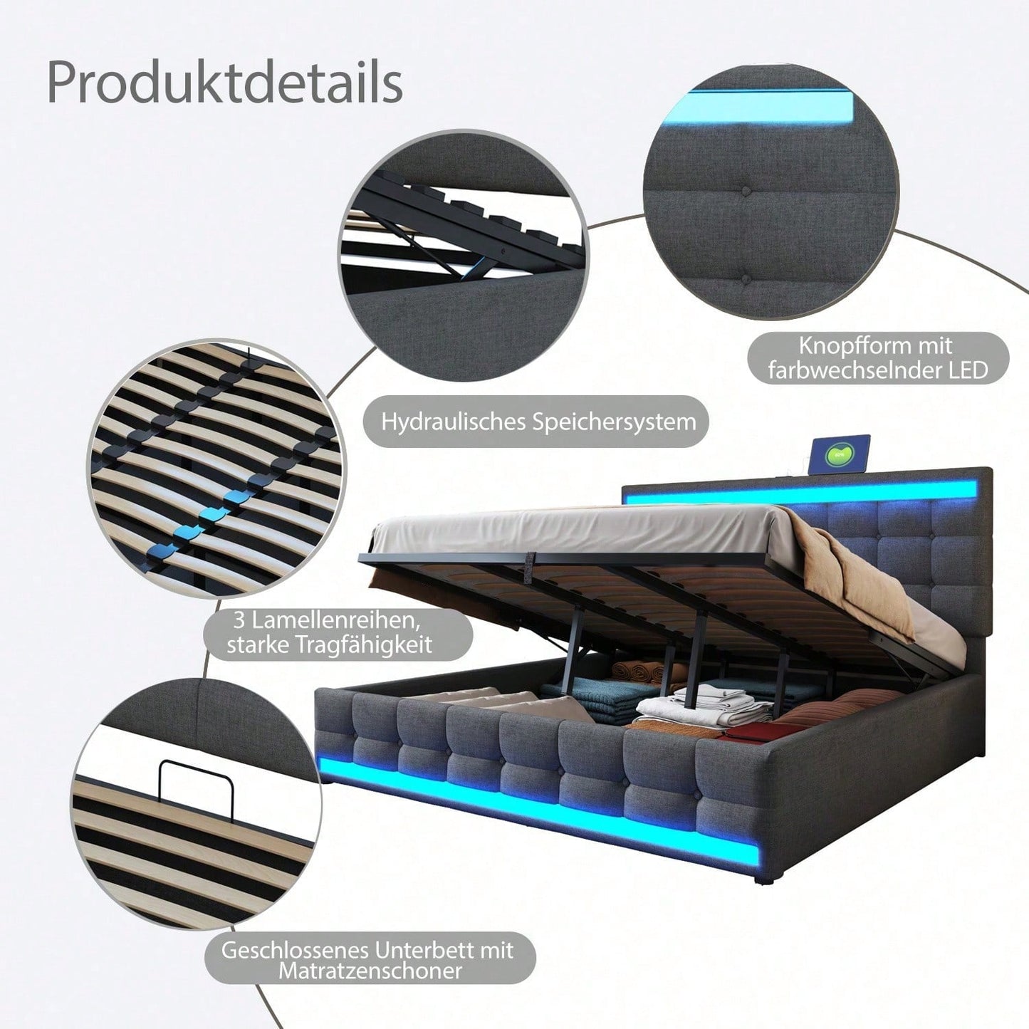 Polsterbett 180*200 Hydraulisches Stauraum-Kinderbett mit USB und farbwechselndem LED-Lichtstreifen,Grau Leinen-Einzelbett