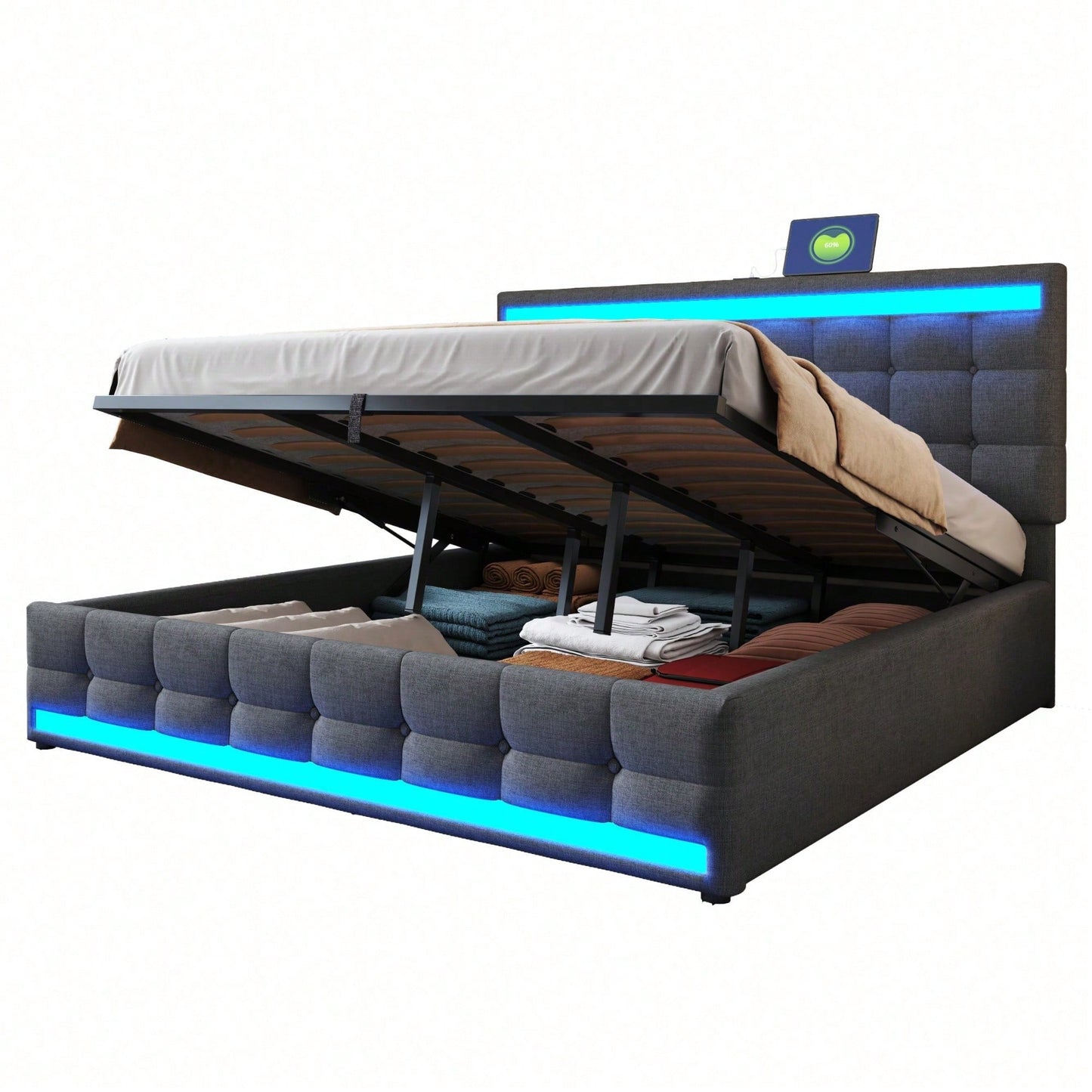 Polsterbett 180*200 Hydraulisches Stauraum-Kinderbett mit USB und farbwechselndem LED-Lichtstreifen,Grau Leinen-Einzelbett