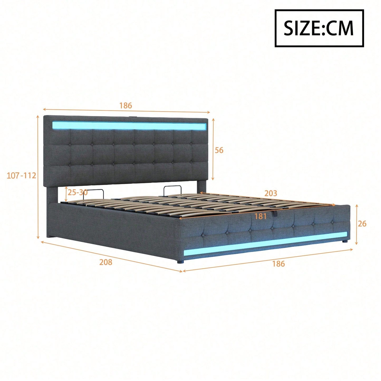Polsterbett 180*200 Hydraulisches Stauraum-Kinderbett mit USB und farbwechselndem LED-Lichtstreifen,Grau Leinen-Einzelbett