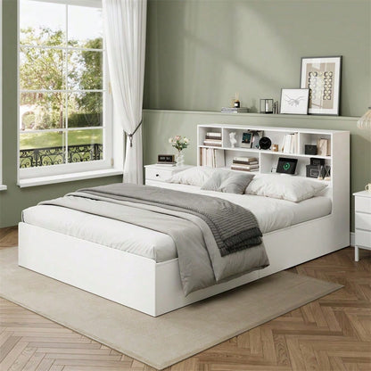 Stauraumbett 140*200cm, Doppelbett,Funktionsbett,Massivholzbett, mit USB-Anschluss, mit Aufbewahrungsbox unter dem Bett, mit Stauraum, ohne Matratze, weiß