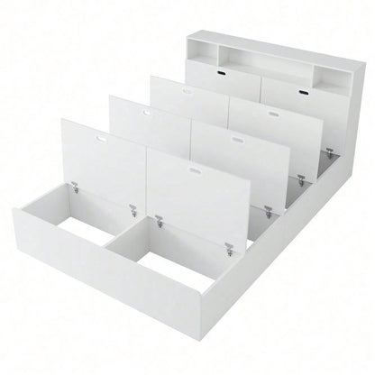 Stauraumbett 140*200cm, Doppelbett,Funktionsbett,Massivholzbett, mit USB-Anschluss, mit Aufbewahrungsbox unter dem Bett, mit Stauraum, ohne Matratze, weiß