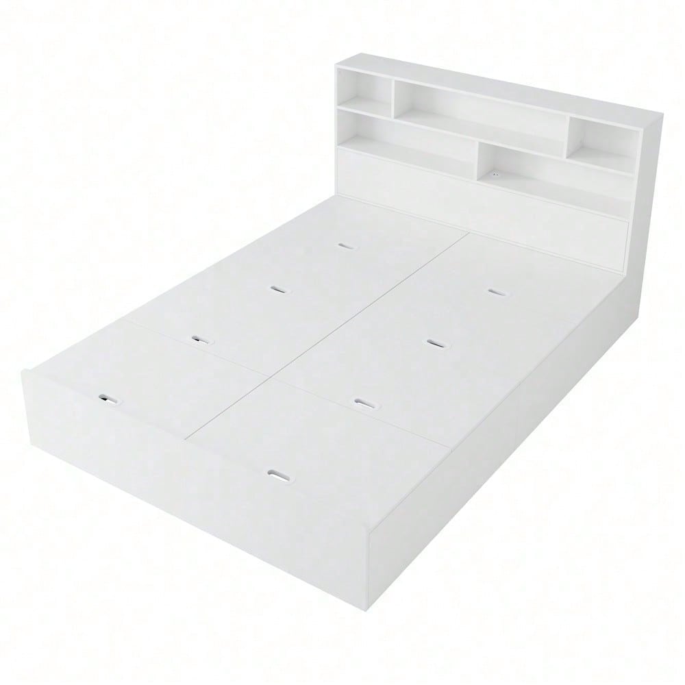 Stauraumbett 140*200cm, Doppelbett,Funktionsbett,Massivholzbett, mit USB-Anschluss, mit Aufbewahrungsbox unter dem Bett, mit Stauraum, ohne Matratze, weiß