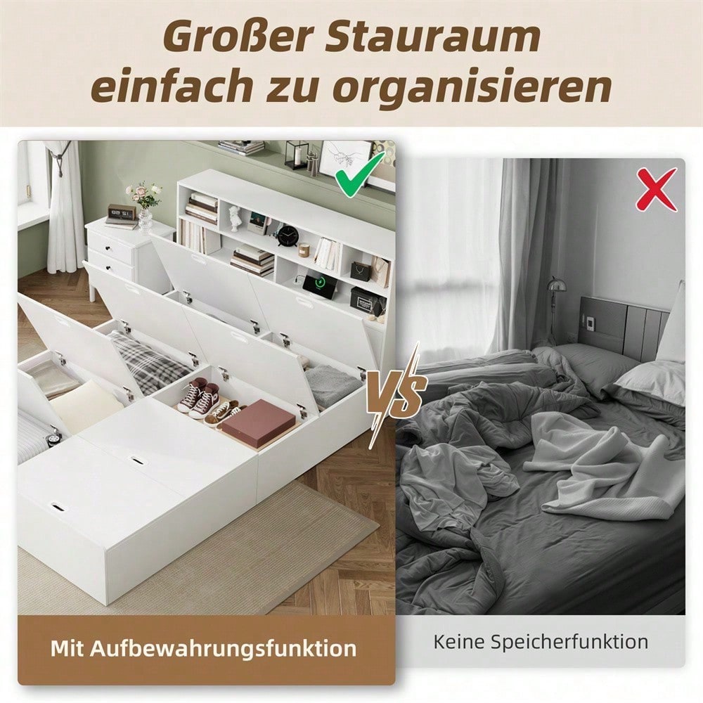 Stauraumbett 140*200cm, Doppelbett,Funktionsbett,Massivholzbett, mit USB-Anschluss, mit Aufbewahrungsbox unter dem Bett, mit Stauraum, ohne Matratze, weiß