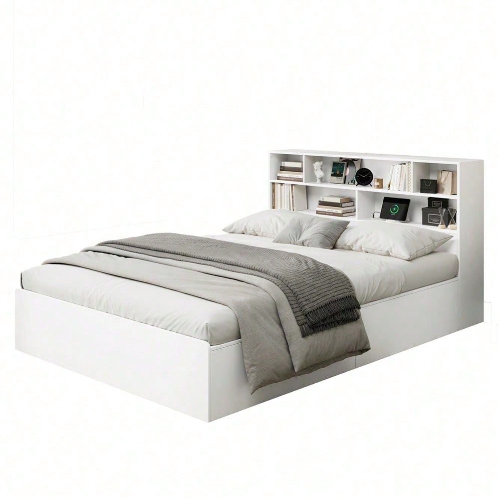 Stauraumbett 140*200cm, Doppelbett,Funktionsbett,Massivholzbett, mit USB-Anschluss, mit Aufbewahrungsbox unter dem Bett, mit Stauraum, ohne Matratze, weiß