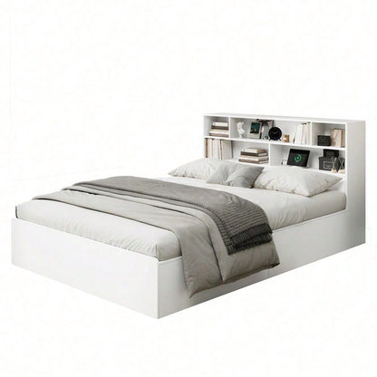 Stauraumbett 140*200cm, Doppelbett,Funktionsbett,Massivholzbett, mit USB-Anschluss, mit Aufbewahrungsbox unter dem Bett, mit Stauraum, ohne Matratze, weiß