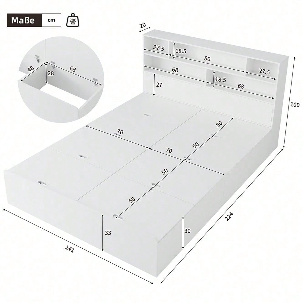 Stauraumbett 140*200cm, Doppelbett,Funktionsbett,Massivholzbett, mit USB-Anschluss, mit Aufbewahrungsbox unter dem Bett, mit Stauraum, ohne Matratze, weiß
