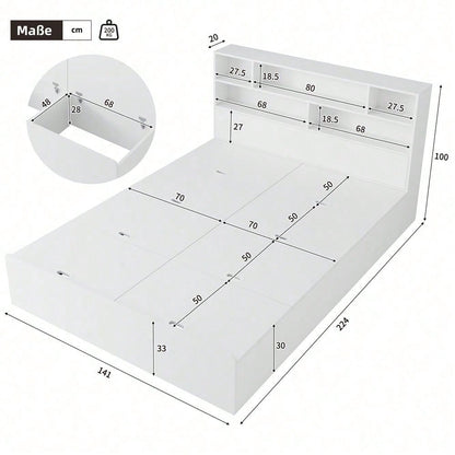 Stauraumbett 140*200cm, Doppelbett,Funktionsbett,Massivholzbett, mit USB-Anschluss, mit Aufbewahrungsbox unter dem Bett, mit Stauraum, ohne Matratze, weiß