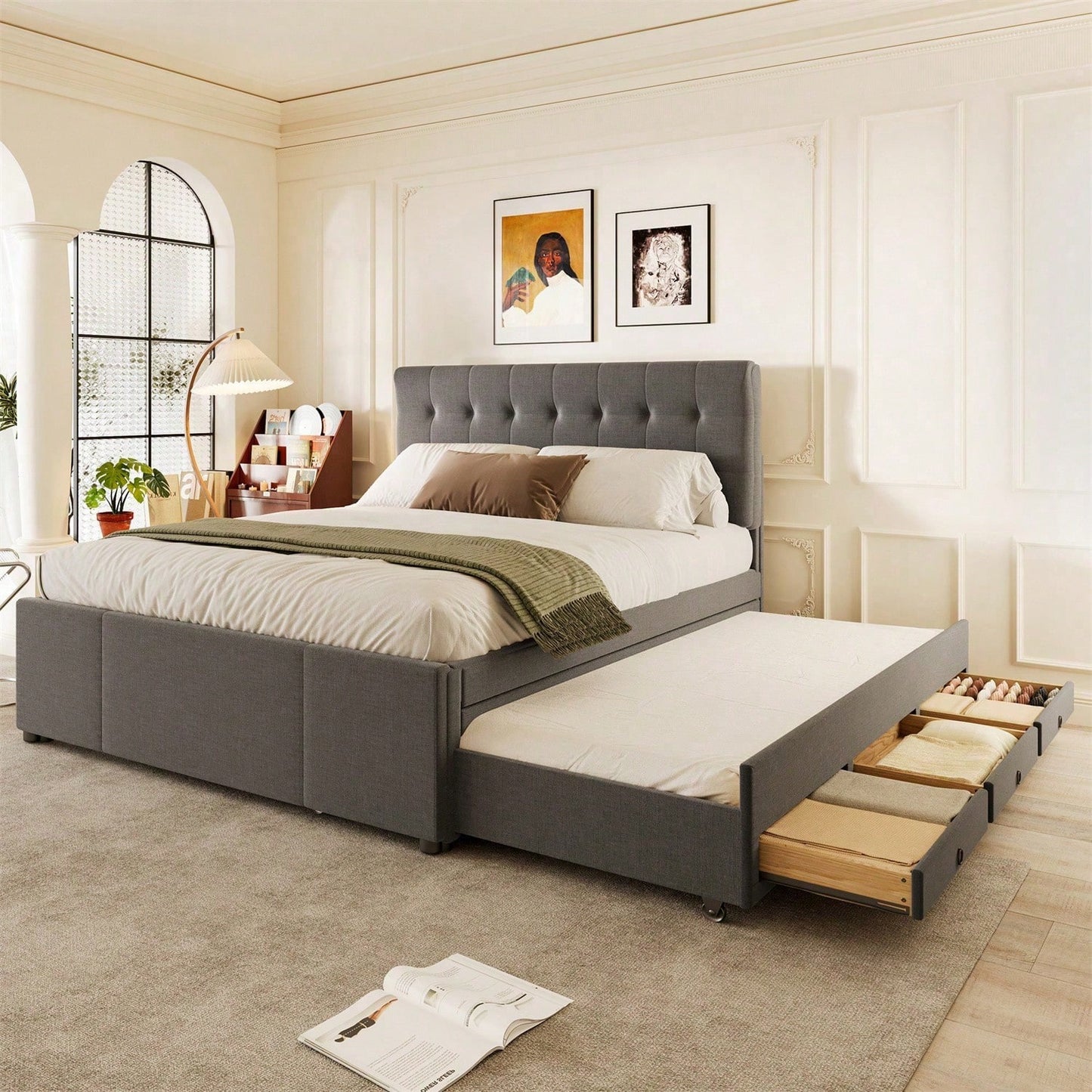 Polsterbett, 140x200cm, Doppelbett, Familienbett, Ehebett mit drei Schubladen, ausziehbares Bett, Verstellbares Kopfteil, Ohne Matratze, Beige