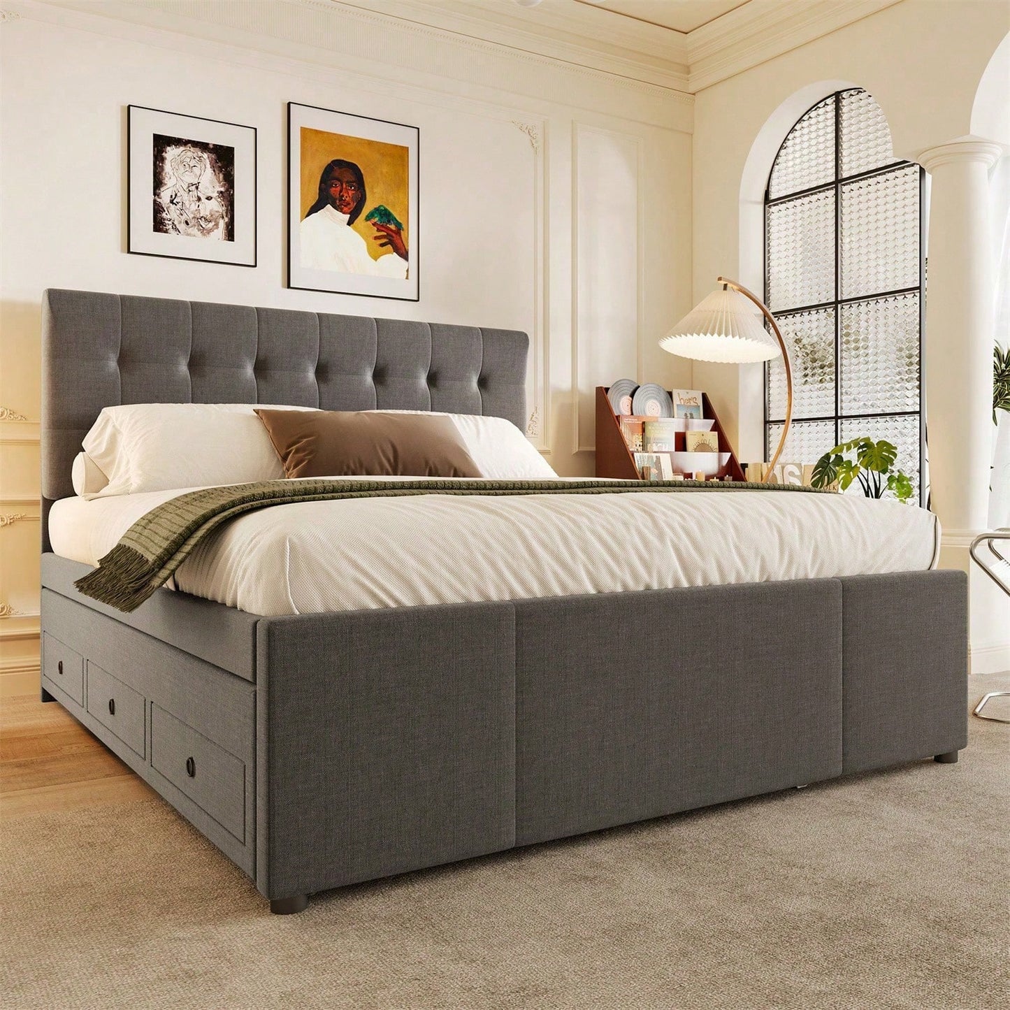 Polsterbett, 140x200cm, Doppelbett, Familienbett, Ehebett mit drei Schubladen, ausziehbares Bett, Verstellbares Kopfteil, Ohne Matratze, Beige