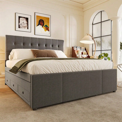 Polsterbett, 140x200cm, Doppelbett, Familienbett, Ehebett mit drei Schubladen, ausziehbares Bett, Verstellbares Kopfteil, Ohne Matratze, Beige