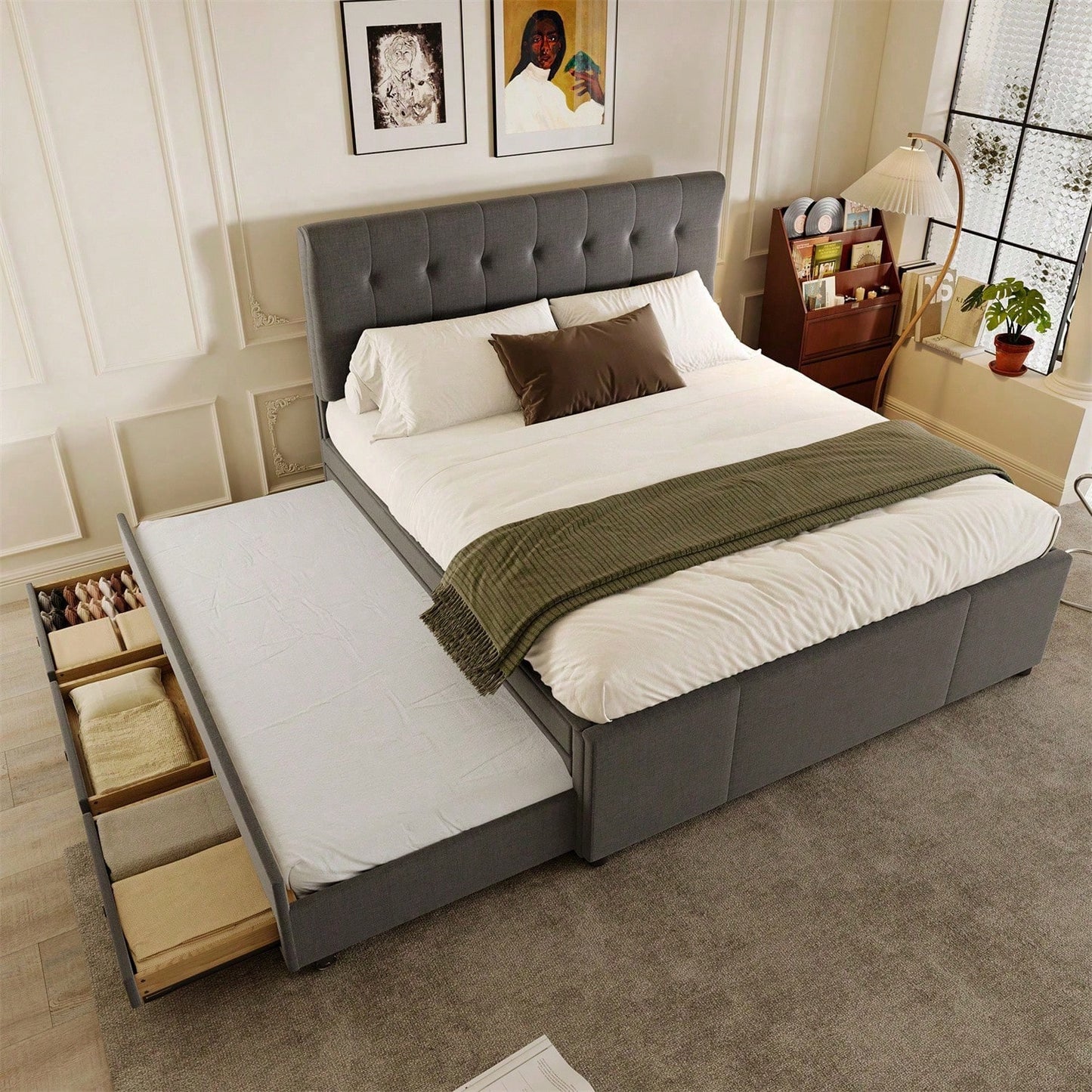 Polsterbett, 140x200cm, Doppelbett, Familienbett, Ehebett mit drei Schubladen, ausziehbares Bett, Verstellbares Kopfteil, Ohne Matratze, Beige