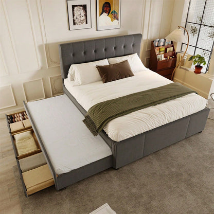 Polsterbett, 140x200cm, Doppelbett, Familienbett, Ehebett mit drei Schubladen, ausziehbares Bett, Verstellbares Kopfteil, Ohne Matratze, Beige