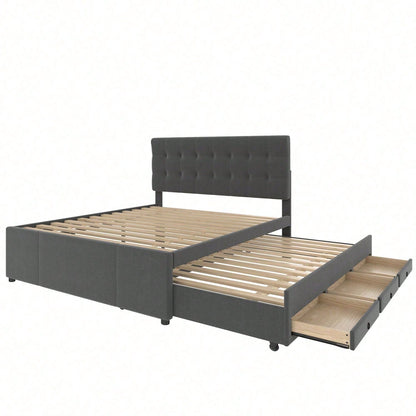 Polsterbett, 140x200cm, Doppelbett, Familienbett, Ehebett mit drei Schubladen, ausziehbares Bett, Verstellbares Kopfteil, Ohne Matratze, Beige