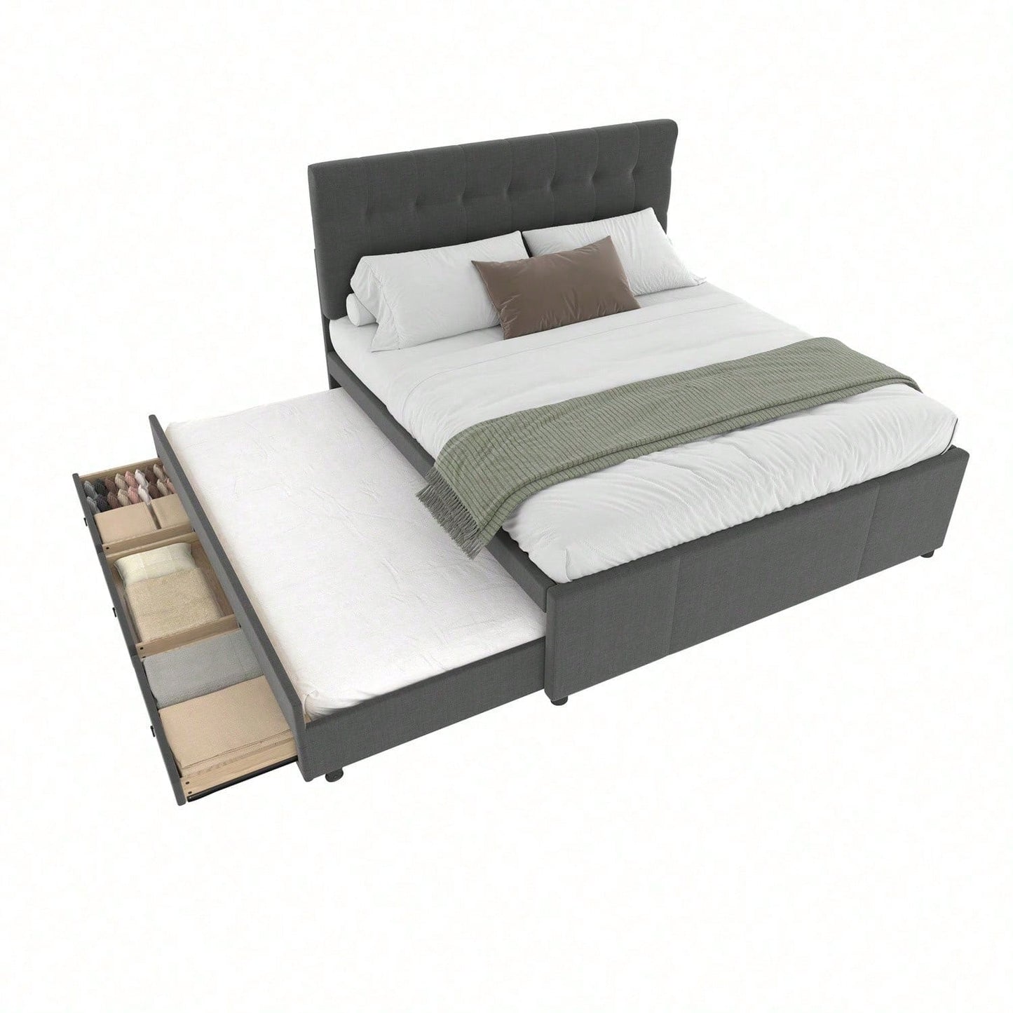 Polsterbett, 140x200cm, Doppelbett, Familienbett, Ehebett mit drei Schubladen, ausziehbares Bett, Verstellbares Kopfteil, Ohne Matratze, Beige