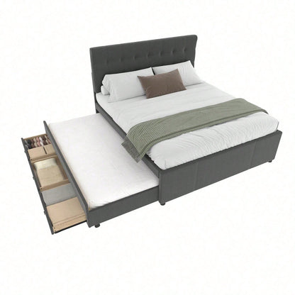 Polsterbett, 140x200cm, Doppelbett, Familienbett, Ehebett mit drei Schubladen, ausziehbares Bett, Verstellbares Kopfteil, Ohne Matratze, Beige