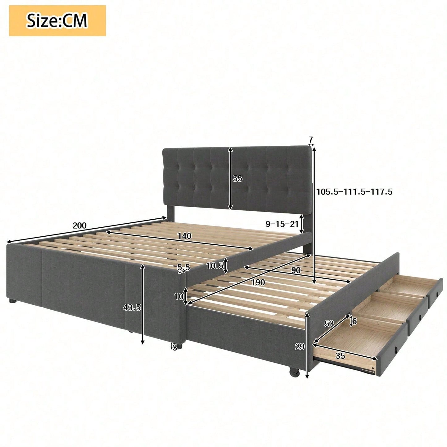 Polsterbett, 140x200cm, Doppelbett, Familienbett, Ehebett mit drei Schubladen, ausziehbares Bett, Verstellbares Kopfteil, Ohne Matratze, Beige