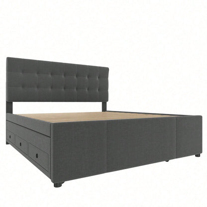 Polsterbett, 140x200cm, Doppelbett, Familienbett, Ehebett mit drei Schubladen, ausziehbares Bett, Verstellbares Kopfteil, Ohne Matratze, Beige