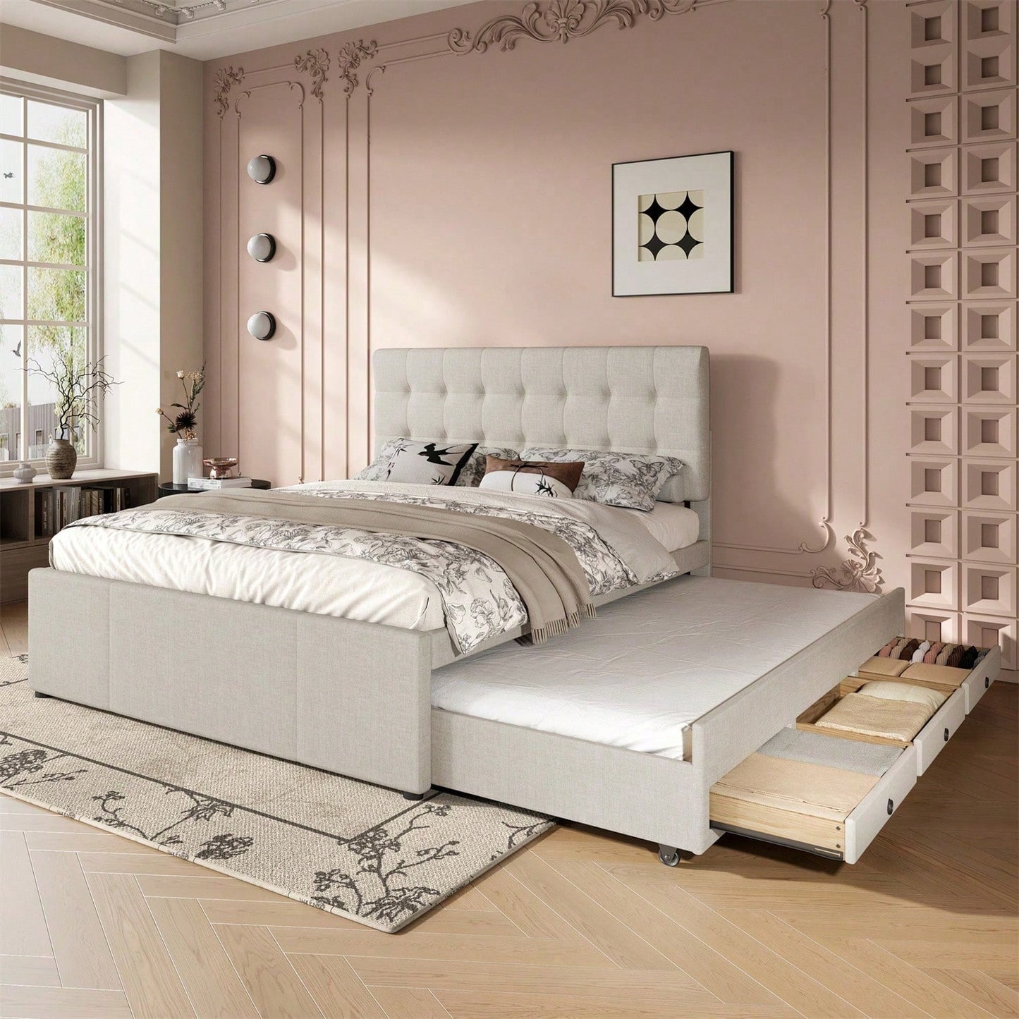 Polsterbett, 140x200cm, Doppelbett, Familienbett, Ehebett mit drei Schubladen, ausziehbares Bett, Verstellbares Kopfteil, Ohne Matratze, Beige