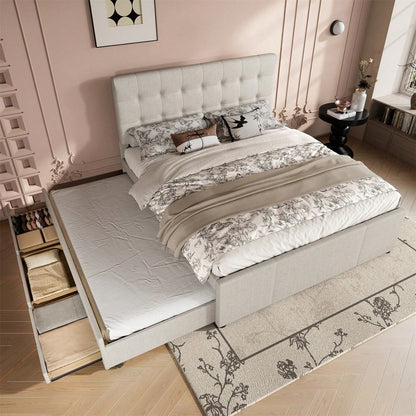 Polsterbett, 140x200cm, Doppelbett, Familienbett, Ehebett mit drei Schubladen, ausziehbares Bett, Verstellbares Kopfteil, Ohne Matratze, Beige