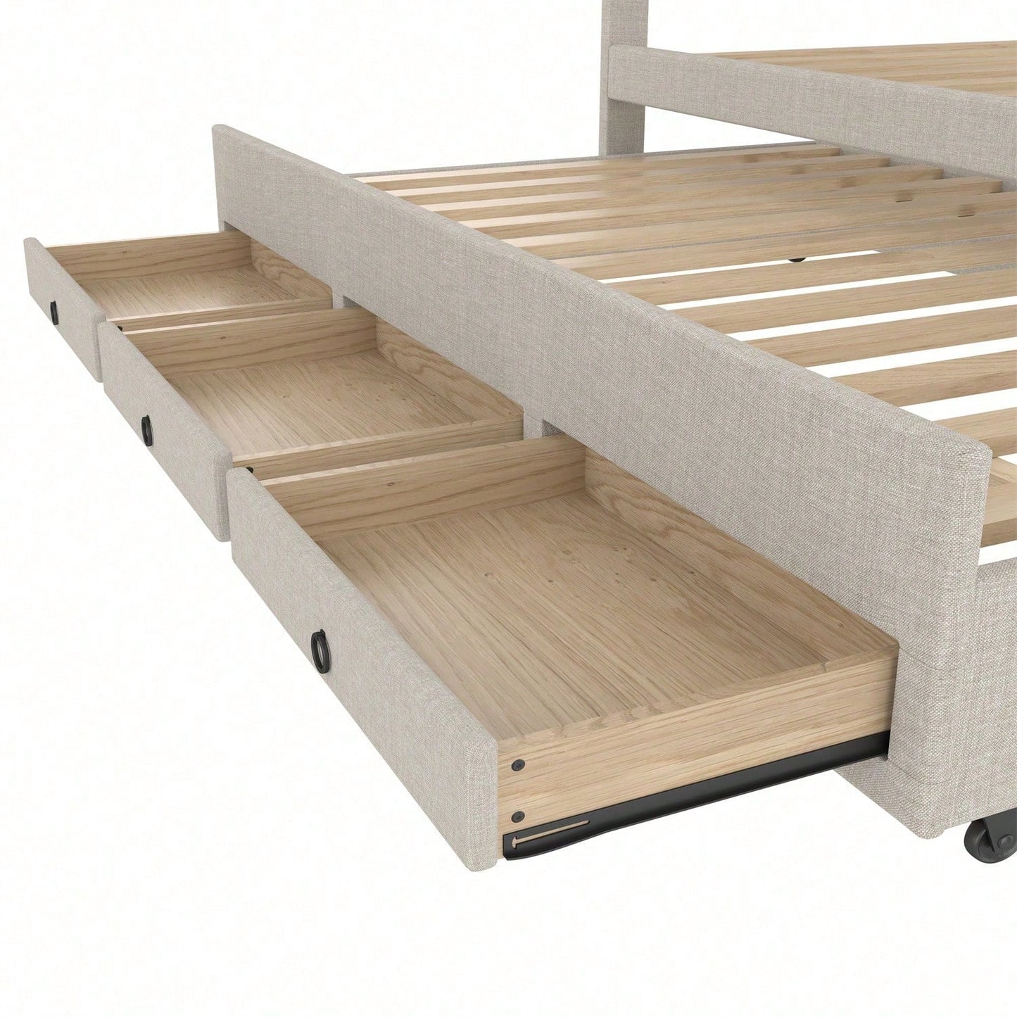 Polsterbett, 140x200cm, Doppelbett, Familienbett, Ehebett mit drei Schubladen, ausziehbares Bett, Verstellbares Kopfteil, Ohne Matratze, Beige