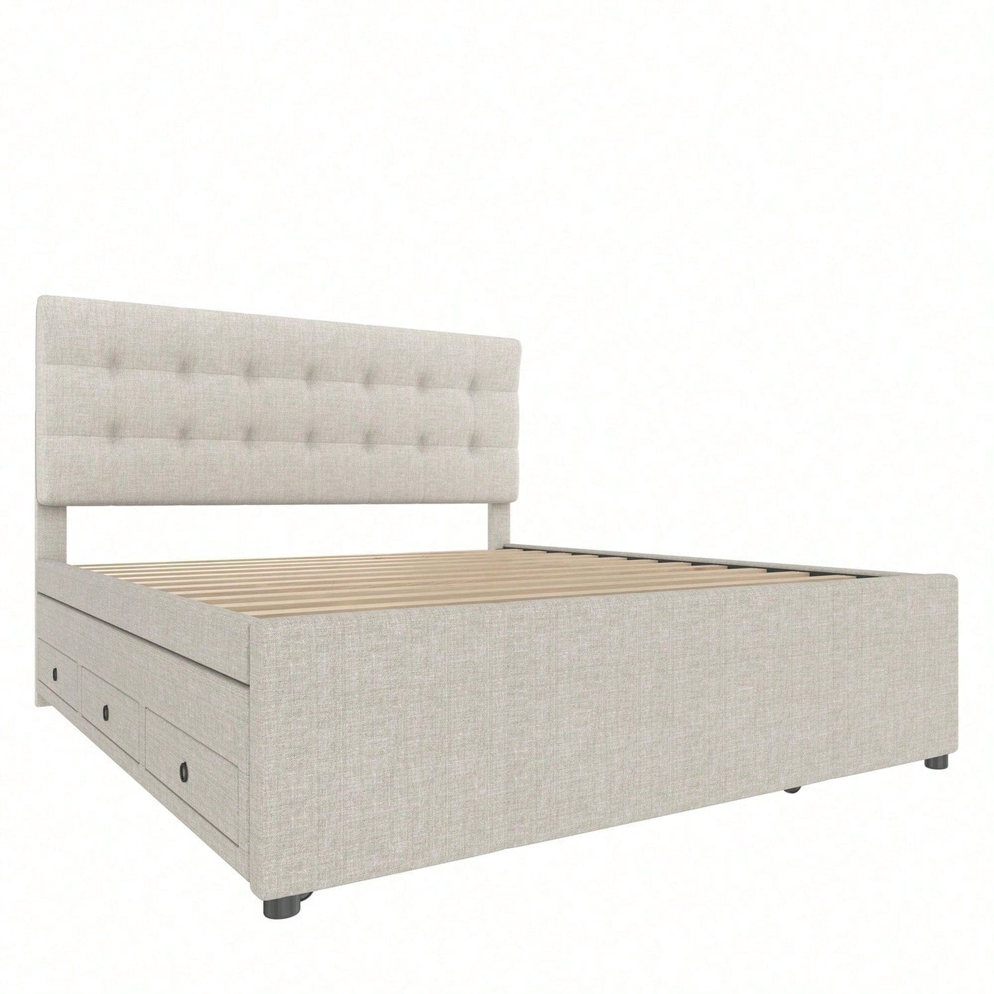 Polsterbett, 140x200cm, Doppelbett, Familienbett, Ehebett mit drei Schubladen, ausziehbares Bett, Verstellbares Kopfteil, Ohne Matratze, Beige