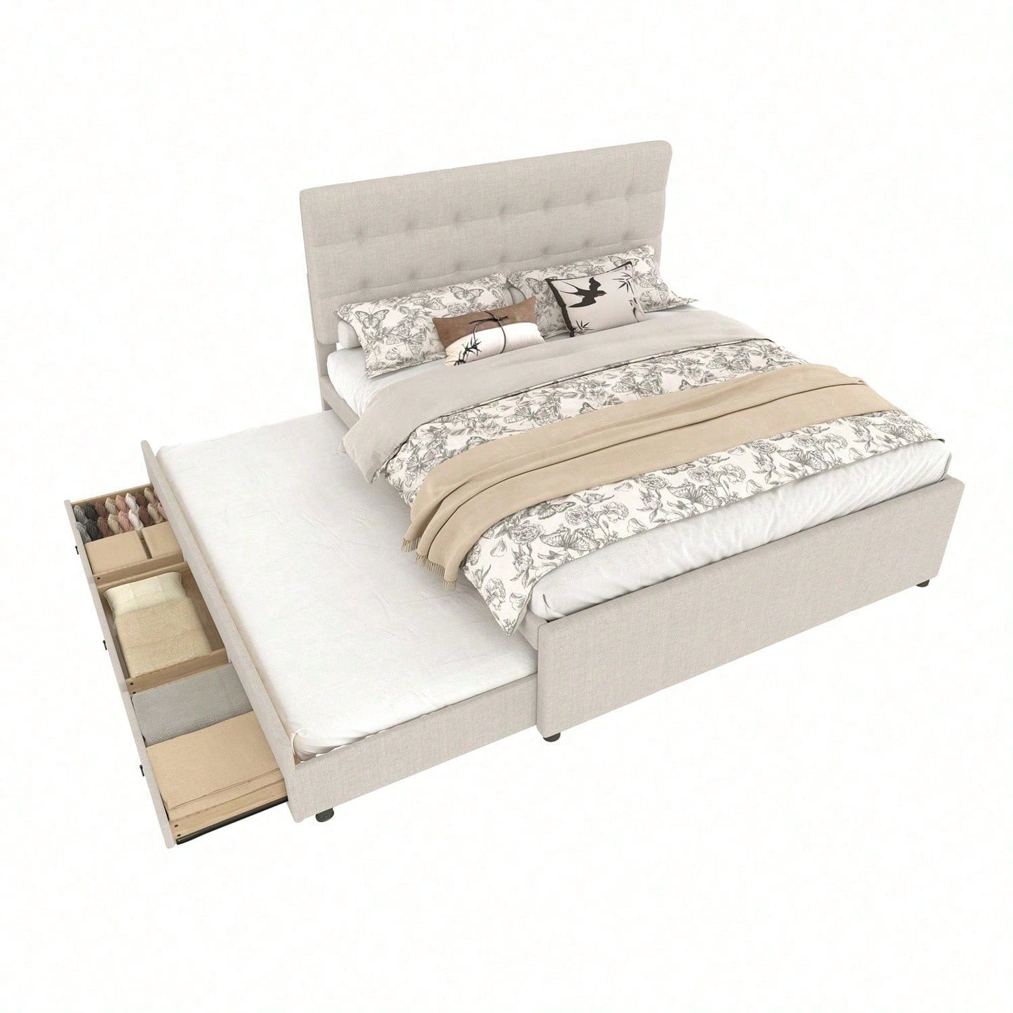 Polsterbett, 140x200cm, Doppelbett, Familienbett, Ehebett mit drei Schubladen, ausziehbares Bett, Verstellbares Kopfteil, Ohne Matratze, Beige
