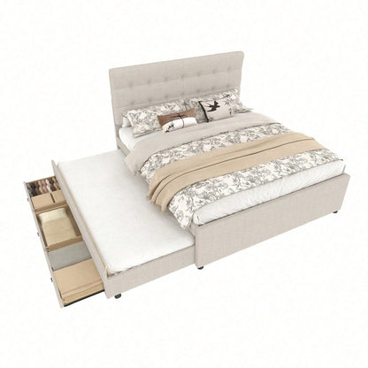 Polsterbett, 140x200cm, Doppelbett, Familienbett, Ehebett mit drei Schubladen, ausziehbares Bett, Verstellbares Kopfteil, Ohne Matratze, Beige