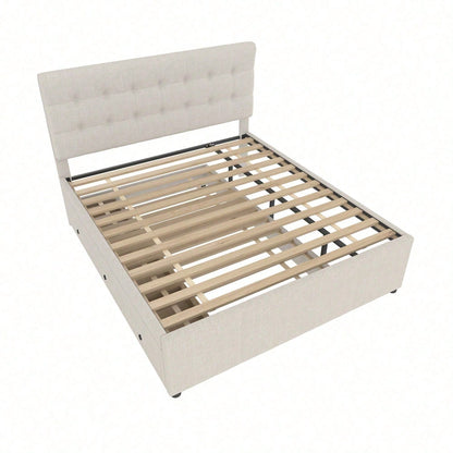 Polsterbett, 140x200cm, Doppelbett, Familienbett, Ehebett mit drei Schubladen, ausziehbares Bett, Verstellbares Kopfteil, Ohne Matratze, Beige