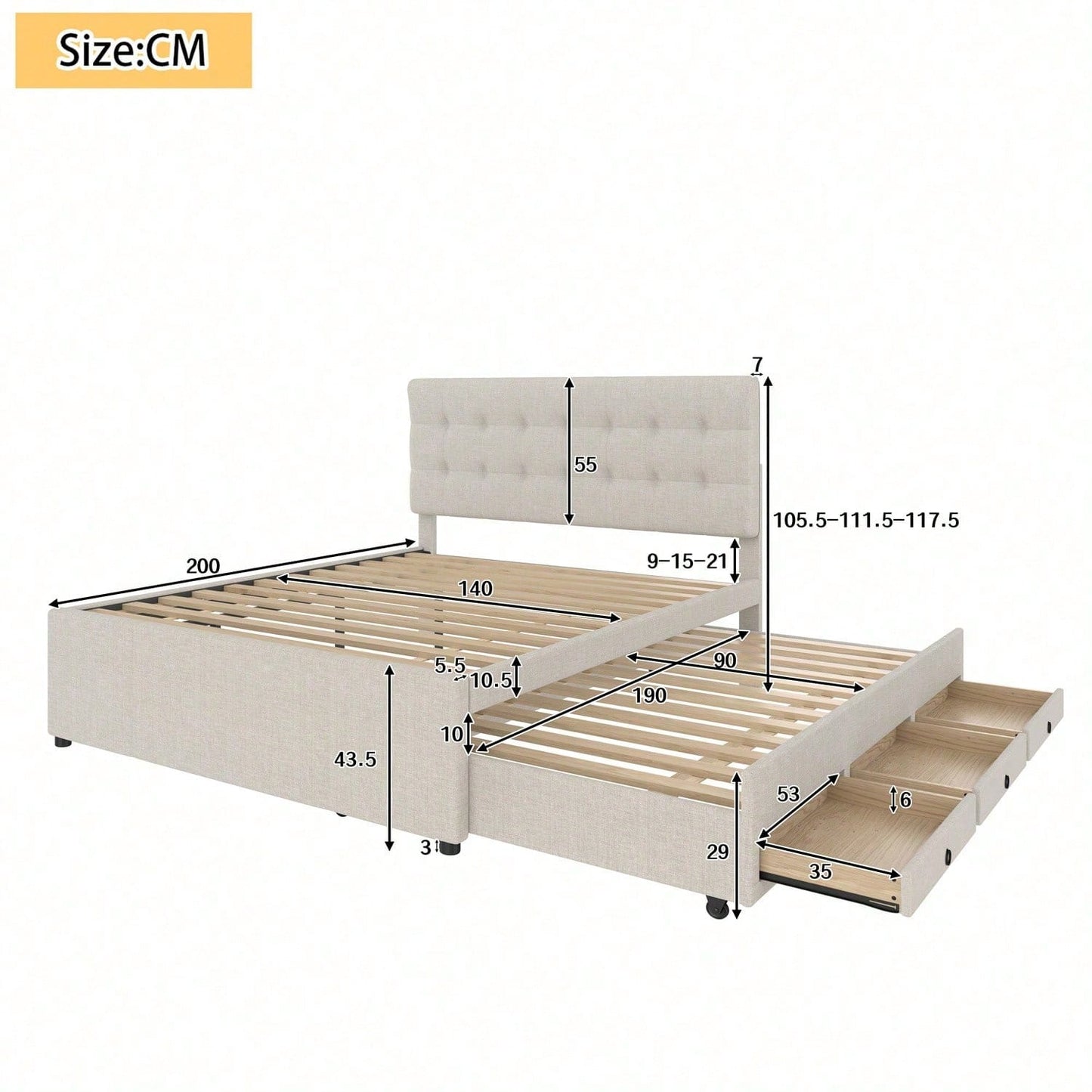 Polsterbett, 140x200cm, Doppelbett, Familienbett, Ehebett mit drei Schubladen, ausziehbares Bett, Verstellbares Kopfteil, Ohne Matratze, Beige