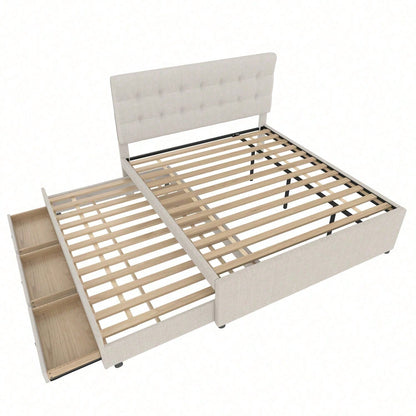 Polsterbett, 140x200cm, Doppelbett, Familienbett, Ehebett mit drei Schubladen, ausziehbares Bett, Verstellbares Kopfteil, Ohne Matratze, Beige
